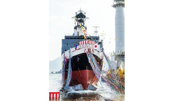 Mitsubishi Shipbuilding holds christening and launch ceremony in Shimonoseki for salvage tug "Koyo Maru" built for Nippon Salvage